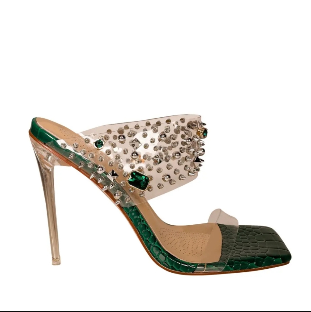 Azalea Wang Mya Sandal Women's Size 11 Green Croc Studded Crystals Stiletto